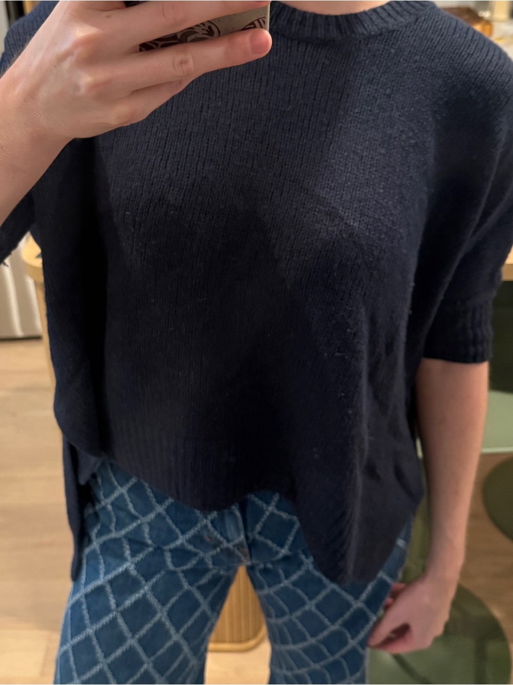 BCBGMaxAzria High Low Short Sleeve Sweater Cotton Wool Blend Navy XS Small